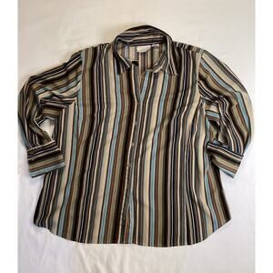 Worthington Women's Striped Button-Up Long Sleeve Blouse Brown Blue Beige 2X